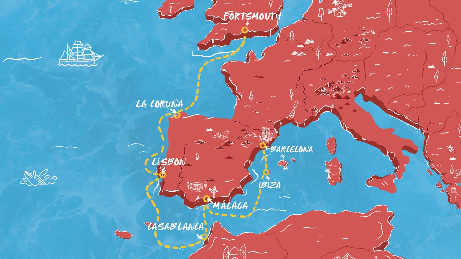 Map of Portsmouth to Lisbon, Casablanca & Spain Itinerary